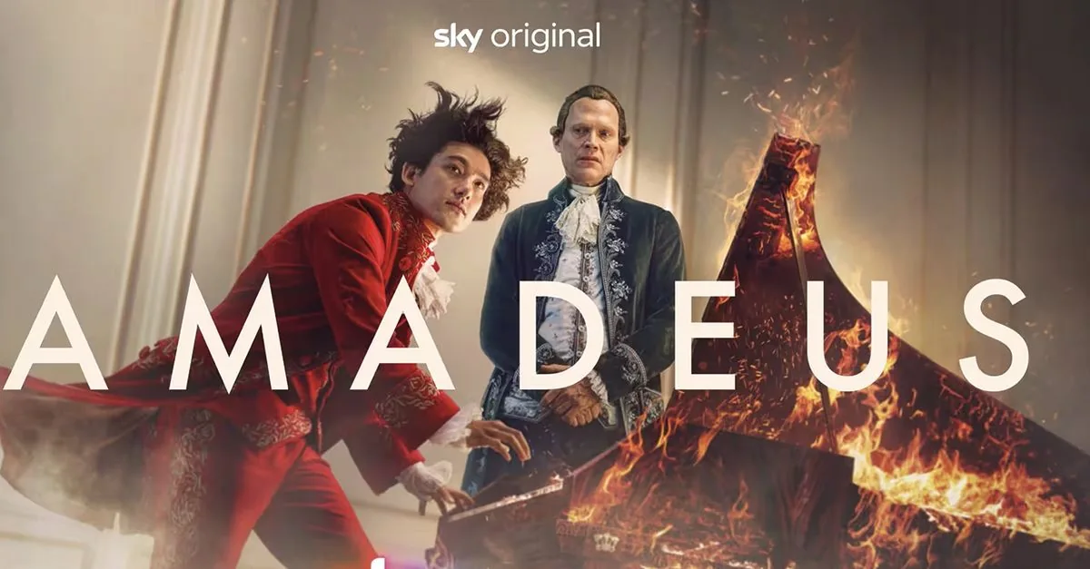 Immagine promozionale della serie Amadeus con i protagonisti e il titolo.