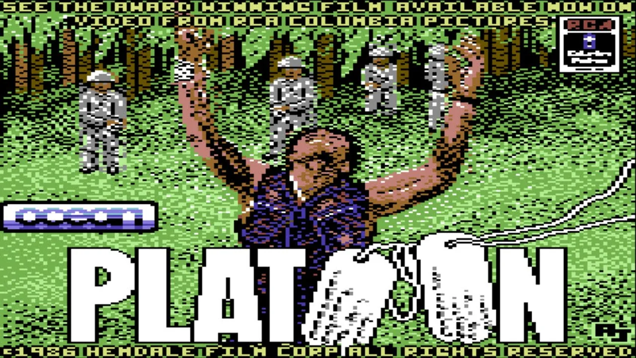 Schermata pixel art e logo di Platoon per Commodore 64.