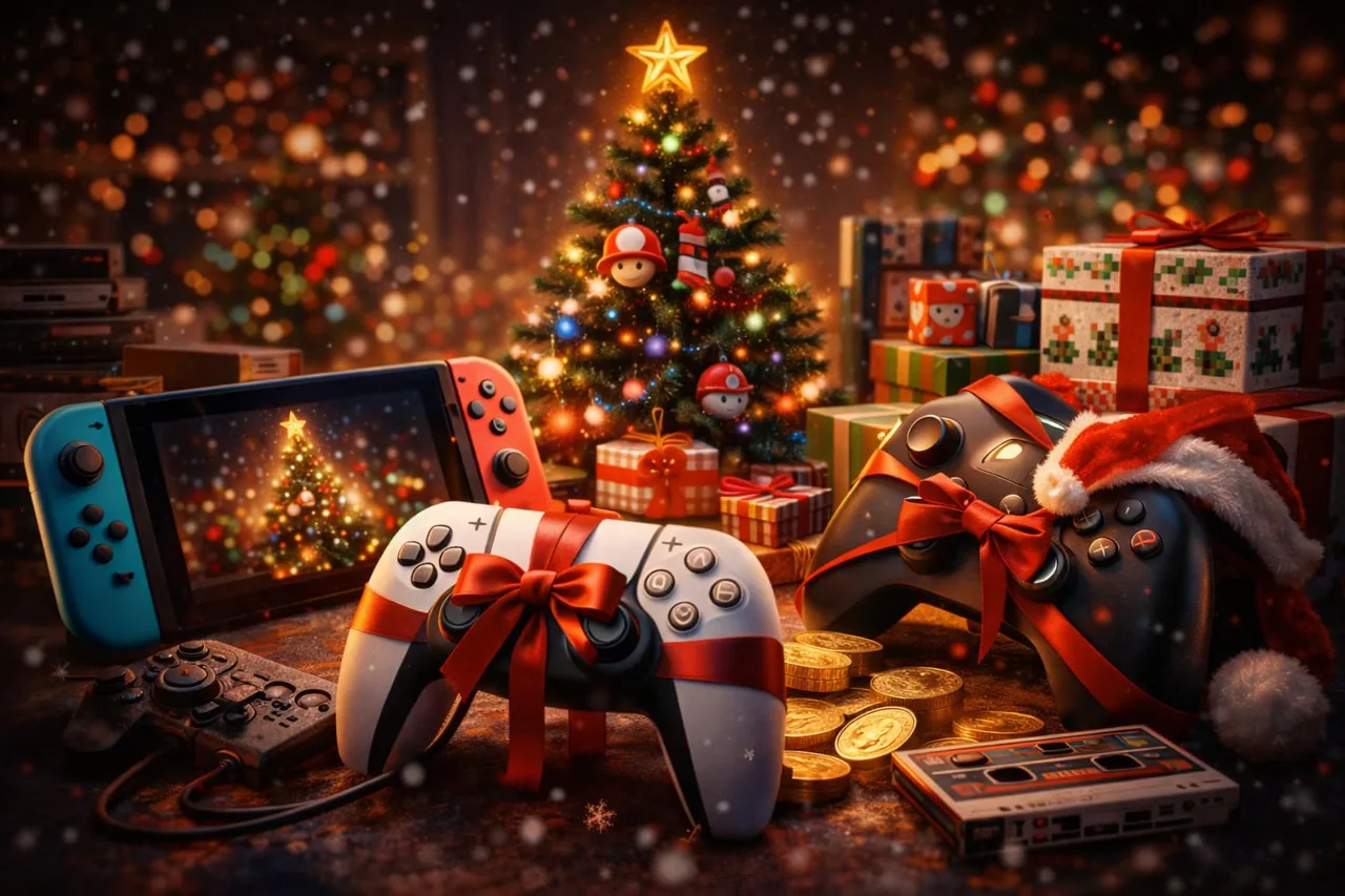 Controller, console portatile e regali accanto a un albero di Natale illuminato.