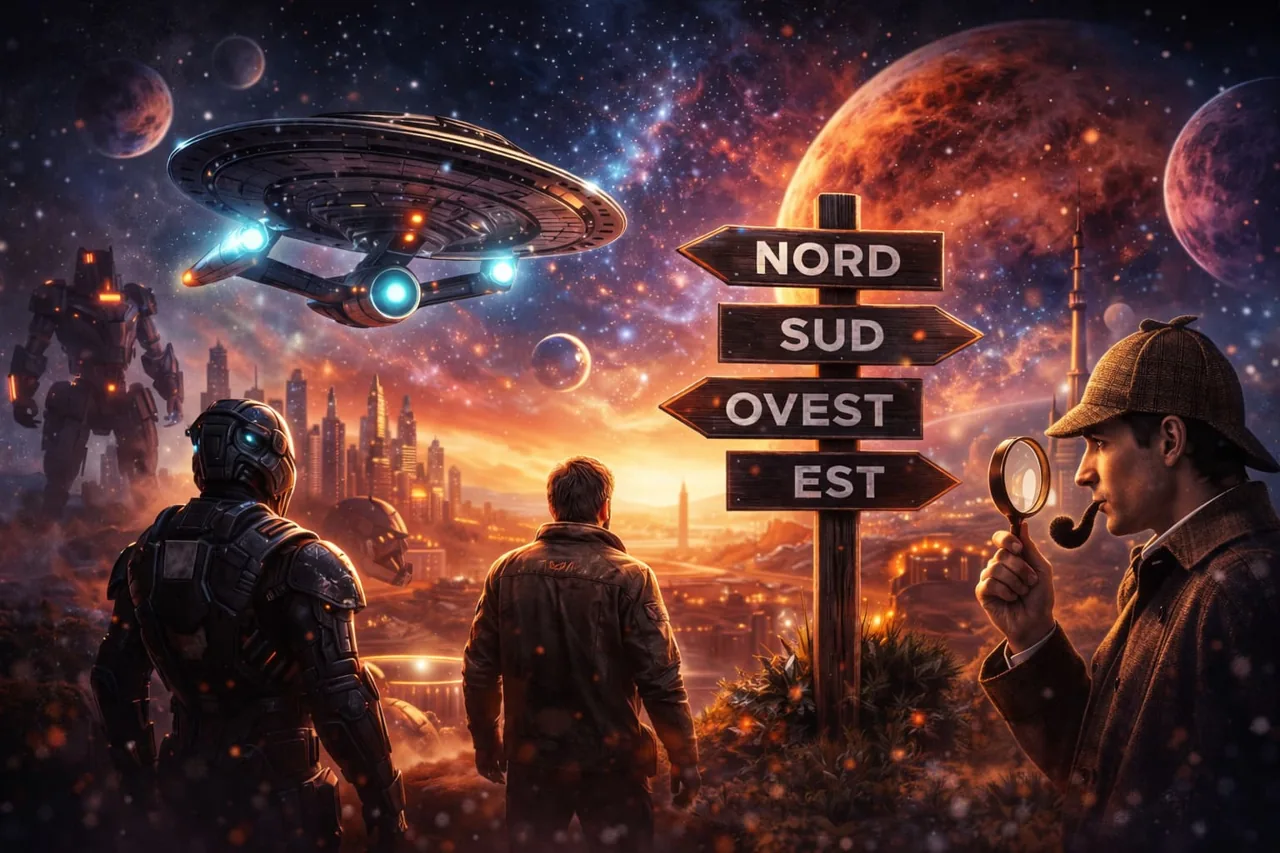 Personaggi davanti a un cielo di fantascienza e a un cartello con indicazioni.