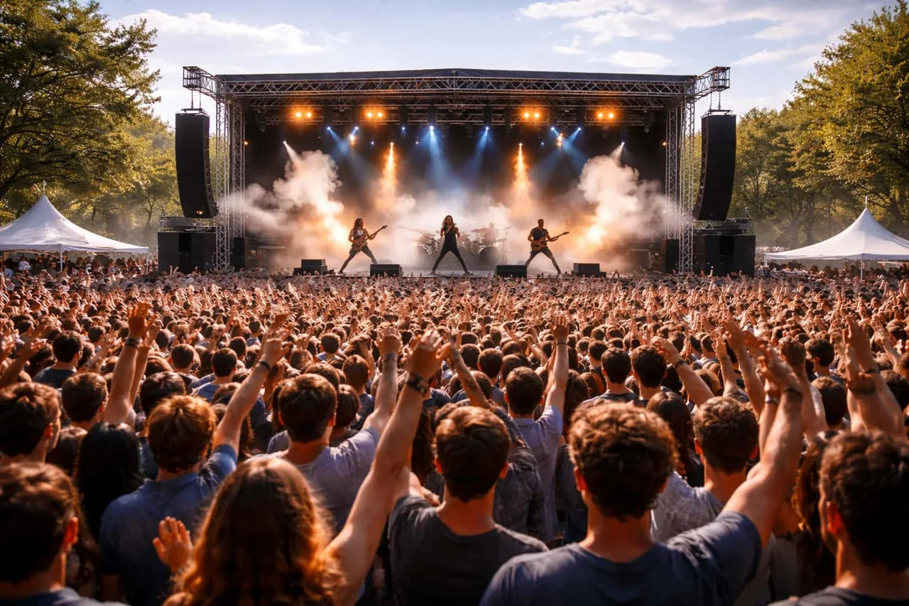 Pubblico davanti a un palco rock all’aperto.