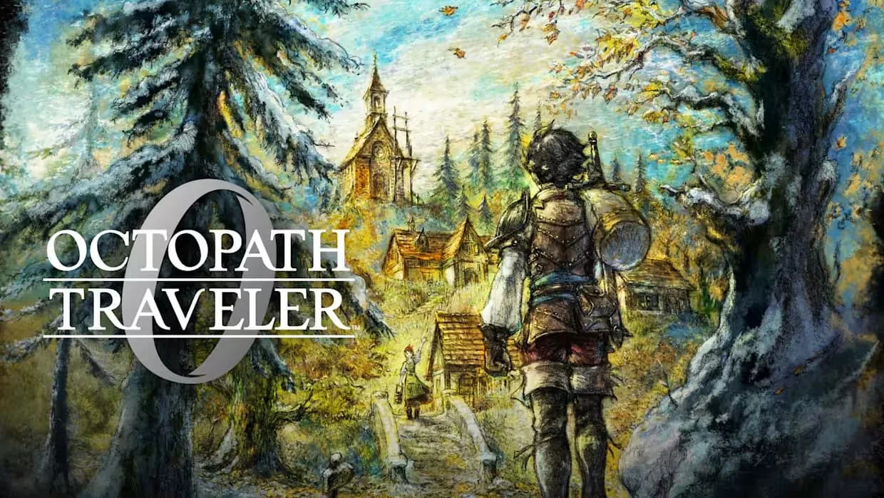 Il titolo Octopath Traveler 0 sopra un paesaggio fantastico con castello e foresta.