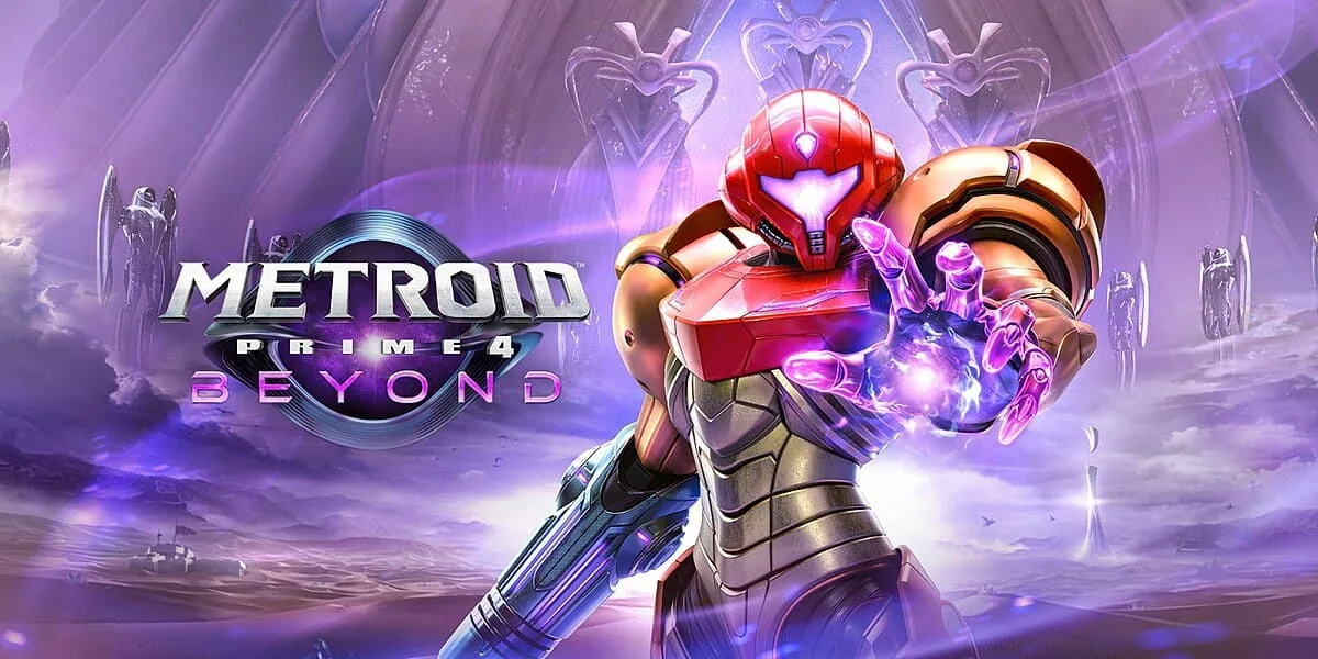 Samus in armatura davanti al logo di Metroid Prime 4: Beyond.
