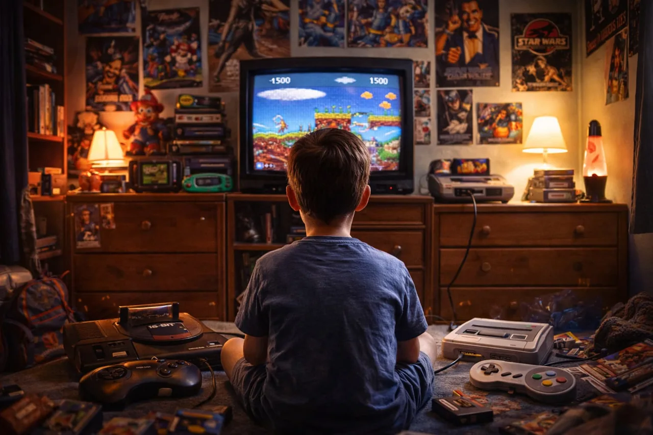Un ragazzo gioca davanti a un televisore in una stanza piena di videogiochi.