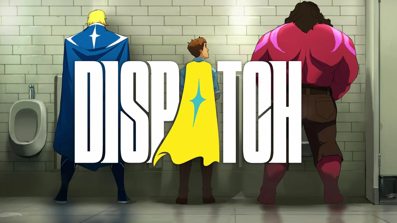 Personaggi in ufficio e logo del videogioco Dispatch.