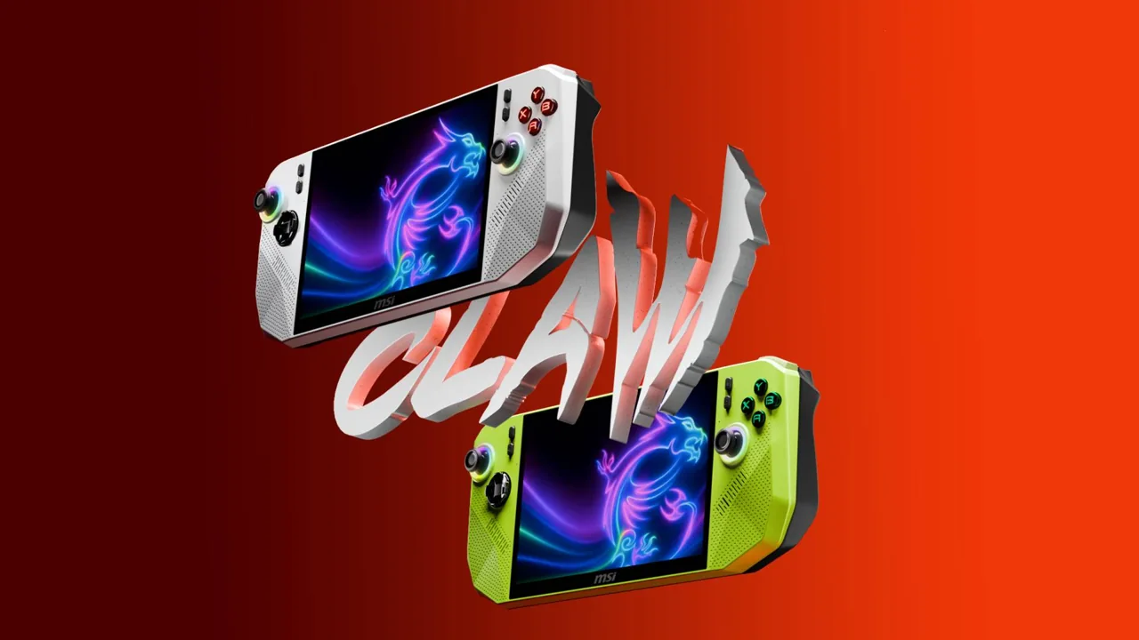 Console portatile MSI Claw e logo su sfondo arancione.